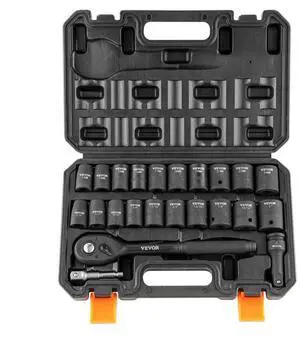 VEVOR 1/2" Drive Impact Socket Set, 23 Piece Socket Set SAE 7/16" -1"& Metric 13-24mm6 Point Cr-V Alloy Steel for Auto Repair with Ratchet Handle Rugged Construction Storage Case
