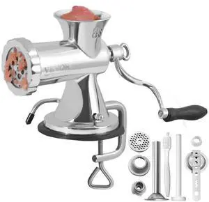 VEVOR Manual Meat Grinder, 304 Stainless Steel Hand Meat Grinder with Suction Cup + Steel Table Clamp, Meat Mincer Sausage Maker & 2 Cutting Plates, Sausage Tube, Grinding Head for Beef Pepper Cookie