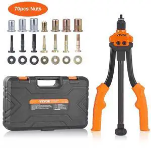 VEVOR Rivet Nut Tool, 14 Rivnut Tool Kit with 7 PCS Metric and SAE Mandrels, 70 PCS Assorted Rivet Nuts, 10-24, 1/4-20, M6, 5/16-18, M8, 3/8-16, M10, Rivet Nut Kit With Rugged Carrying Case