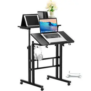 VEVOR Mobile Standing Desk, 26.4"-44.9" Gas-Spring Height Adjustable Sit-Stand Desk, Home Office Rolling Laptop Table 360° Swivel Wheels (4 Lockable), 0-45° Tillable Desktop, 2 Hooks, 40LBS Loading
