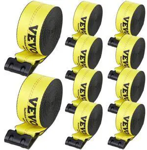 VEVOR Winch Straps, 4" x 40', 6000 lbs Load Capacity, 18000 lbs Break Strength, Truck Straps with Flat Hook, Flatbed Tie Downs Cargo Control for Trailers, Farms, Rescues, Tree Saver, Yellow (10 Pack)
