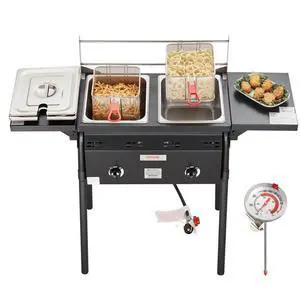 VEVOR Outdoor Propane Deep Fryer, Double Burners Commercial Fryer, 16 Qt Stainless Steel Cooker with Removable Baskets & Lids & Tanks, Oil Fryer Cart with Thermometer & Regulator, For Outdoor Cooking