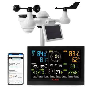 VEVOR 7-in-1 Wi-Fi Weather Station, 7.5 in Color Display, Home Weather Station Indoor Outdoor, with Solar Wireless Outdoor Sensor  Alarm Alerts, for Temperature Humidity Wind Speed/Direction Rain