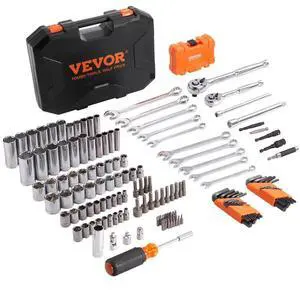 VEVOR Mechanics Tool Set and Socket Set, 1/4" and 3/8" Drive Deep and Standard Sockets, 145 Pcs SAE and Metric Mechanic Tool Kit with Bits, Combination Wrench, Hex Wrenches, Accessories, Storage Case
