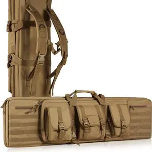 VEVOR Tactical Range Bag, 42 inch Tactical Double Firearm Bag, Soft Outdoor Tactical Case with Lockable Zipper, Portable Handle & Shoulder Strap, 3 Large Storage Pockets Tactical Range Case, Brown