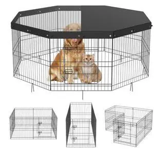 VEVOR Dog Playpen, 8 Panels Foldable Metal Dog Exercise Pen with Top Cover, 24" H Pet Fence Puppy Crate Kennel with Ground Stakes, Indoor Outdoor Dog Pen for Small Medium Pets, for Camping, Yard