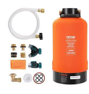 VEVOR RV Water Softener, 16,000 Grain Portable Water Softener, with 3/4" Brass Fittings and 42" Hose, Soften Hard Water Filter System for RVs, Trailers, Boats, Mobile Car Washing, Pressure Washing