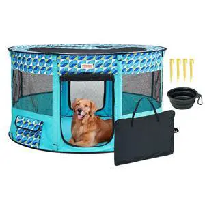 VEVOR Foldable Pet Playpen, 44'' x 44'' x 24'' Portable Dog Playpen, Crate Kennel for Puppy, Dog, Cat, Waterproof 600D Oxford Cloth, Removable Zipper, for Indoor Outdoor Travel Camping (Round, L)