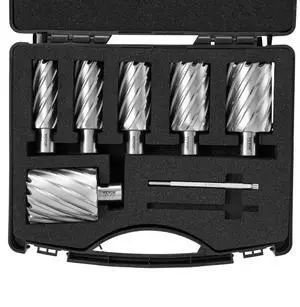 VEVOR Annular Cutter Set, 6 pcs Weldon Shank Mag Drill Bits, 1" to 2" Cutting Diameter, 2" Cutting Depth, M2AL High-Speed Steel, with 2 Pilot Pins and Portable Case, for Using with Magnetic Drills