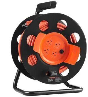 VEVOR Extension Cord Reel, 100FT, with 4 Outlets and Dust Cover, Heavy Duty 14AWG SJTOW Power Cord, Manual Cord Reel with Portable Handle Circuit Breaker, for Toolshed Garage, Tested to UL Standards