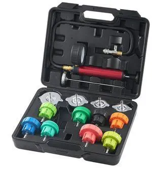 VEVOR 14 pcs Universal Radiator Pressure Tester Kit, Coolant Pressure Tester Kit with Manual Pump and Color-coded Steel Test Cap Adapters, with Toolbox, For Cars Motorcycles Trucks Cooling System