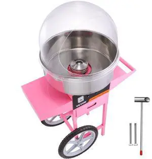 VEVOR Electric Cotton Candy Machine Cart with Bubble Cover Shield, 1000W Commercial Floss Maker with Stainless Steel Bowl, Sugar Scoop and Drawer, Perfect for Home, Kids Birthday, Family Party, Pink