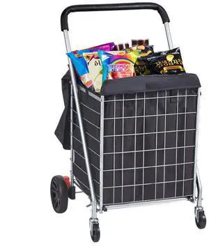 VEVOR Folding Shopping Cart, 200 lbs Max Load Capacity, Grocery Utility Cart with Rolling Swivel Wheels and Bag, Heavy Duty Foldable Laundry Basket Trolley Compact Lightweight Collapsible, Silver