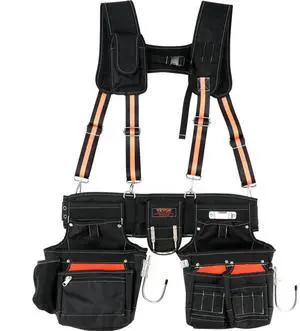 VEVOR Tool Belt with Suspenders 1680D Polyester, 29 Pockets, 29-54 inches Adjustable Waist Size, Tool Belts for Men, Heavy Duty Carpenter Tool Pouch for Carpenters, Electricians, and Gardening, Black