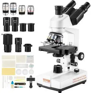 VEVOR Compound Trinocular Microscope, 40X-5000X Magnification Trinocular Compound Lab Microscope with Two-Layer Mechanical Stage, External Interface, LED Illumination and Microscope Slides Included