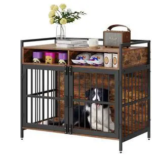 VEVOR Furniture Style Dog Crate with Storage, 41 inch Dog Crate Furniture Large Breed with Double Doors, Wooden Dog Cage for Large/Medium Dog Indoor, Hold up to 70 lbs, Rustic Brown