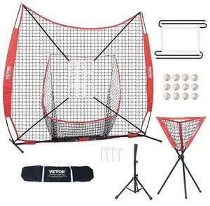 VEVOR 7x7 ft Baseball Softball Practice Net, Portable Baseball Training Net for Hitting Catching Pitching, Backstop Equipment with Bow Frame, Carry Bag, Strike Zone, 12 Balls, Tee, and Ball Collector
