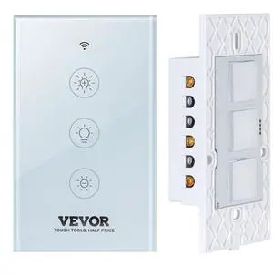 VEVOR WiFi Smart Light Dimmer Switch, 100-250V AC Wi-Fi 2.4GHz, 15% to 85% Stepless Dimming LED Dimmable Smart Switch with Touch Panel, App Remote Control Voice Compatible with Alexa Google Home