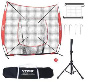 VEVOR 7x7 ft Baseball Softball Practice Net, Portable Baseball Training Net for Hitting Batting Catching Pitching, Backstop Baseball Equipment with Bow Frame, Carry Bag, Strike Zone, Ball, Batting Tee