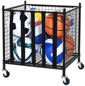 VEVOR Rolling Sports Ball Storage Cart, Lockable Basketball Cage with Elastic Straps, Sport Equipment Holder Organizer for Indoor Outdoor, Steel Storage Rack for Garages, Playgroup, Gym and Schools