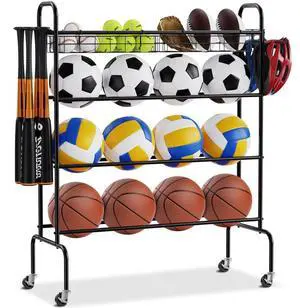 VEVOR Basketball Rack, 4-Layers Rolling Basketball Shooting Training Stand, Sports Equipment Storage Organizer with Wheels, Hooks and Baskets, Garage Ball Storage Holder for Football Soccer Volleyball