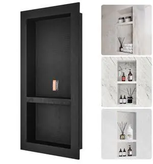 VEVOR Shower Niche Ready for Tile 16" x 32", Double Shelf Organizer, Square Corners Wall-inserted Niche Recessed, Sealed Protection Modern Soap Storage Niche for Shower Bathroom, Black
