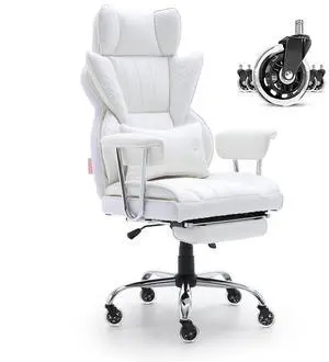 VEVOR Reclining Office Chair with Footrest, Heavy Duty PU Leather Wide Office Chair, Big and Tall Executive Office Chairs with Lumbar Support, Strong Metal Base Quiet Wheels, White