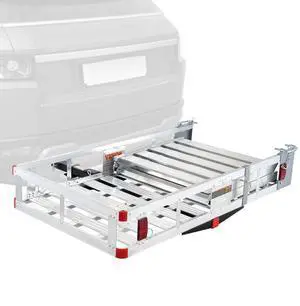 VEVOR Hitch Mount Cargo Carrier, 45.3" x 25.6" Aluminum Hitch Cargo Rack with Folding Ramp, Hitch Rack Basket with Stabilizer and Straps, 500LBS Mobility Scooter Carrier Fit 2" Hitch Receiver