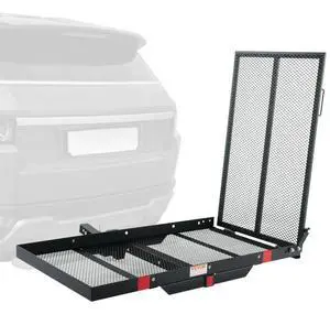 VEVOR Hitch Mount Cargo Carrier, 45.3" x 25.6" Iron Hitch Cargo Rack with Folding Ramp, Hitch Rack Basket with Stabilizer and Straps, 500LBS Mobility Scooter Carrier Fit 2" Hitch Receiver