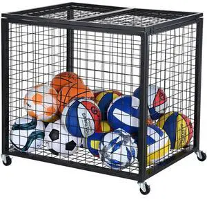 VEVOR Rolling Sports Ball Storage Cart, Lockable Basketball Cage with Double Lids, Sport Equipment Holder Organizer for Indoor Outdoor, Steel Storage Rack for Garages, Playgroup, Gym and Schools