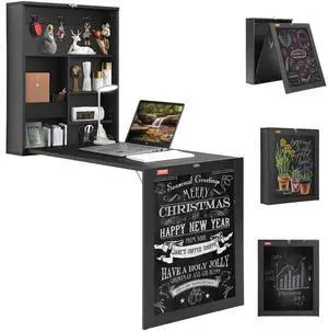 VEVOR Wall Mounted Desk, Fold out Convertible Desk, Multi-Function Folding Wall Table with Chalkboard for Home Office, Space Saving Computer Desk with Storage Area