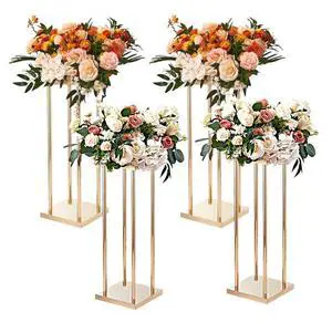 VEVOR 4PCS Gold Metal Column Wedding Flower Stand, 31.5inch High With Metal Laminate, Vase Geometric Centerpiece Stands, Cylindrical Floral Display Rack for Events Reception, Party Road Leads