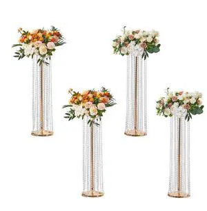 VEVOR 4PCS 35.43inch Tall Crystal Wedding Flowers Stand, Luxurious Centerpieces Flower Vases Crystal Gold Vase Metal, Perfect for T-stage Wedding Party Ceremony Dinner Event Hotel Home Decor