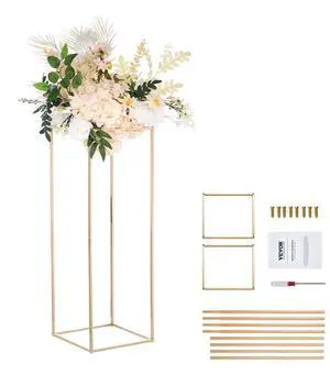 VEVOR 2PCS 31.5inch High Wedding Flower Stand, Metal Vase Column Geometric Centerpiece Stands, Gold Rectangular Floral Display Rack for T-Stage Events Reception, Party Decoration Home