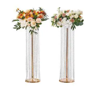 VEVOR 2PCS 35.43inch /90cm Tall Crystal Wedding Flowers Stand, Luxurious Centerpieces Flower Vases Crystal Gold Vase Metal, Perfect for T-stage Wedding Party Ceremony Dinner Event Hotel Home Decor