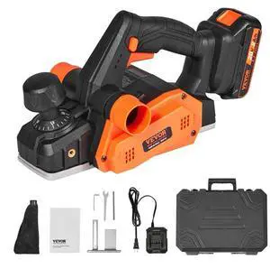 VEVOR Cordless Electric Hand Planer, 3-1/4" Width, 16000 RPM Handheld Wood Planer with Battery 5/64" Adjustable Depth HSS Blades Dual Side Dust Outlet, for Woodworking Wood Planing Surface Smoothing