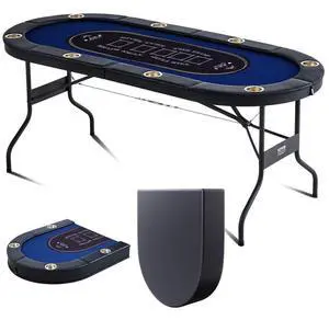 VEVOR 8 Player Foldable Poker Table, Blackjack Texas Holdem Poker Table with Padded Rails and Stainless Steel Cup Holders, Portable Folding Card Board Game Table, 72" Oval Casino Leisure Table, Blue