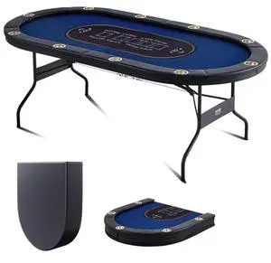 VEVOR 10 Player Foldable Poker Table, Blackjack Texas Holdem Poker Table with Padded Rails and Stainless Steel Cup Holders, Portable Folding Card Board Game Table, 84" Oval Casino Leisure Table