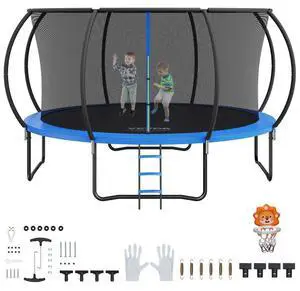 VEVOR 14FT Trampoline, 450 lbs Trampoline with Enclosure Net, Ladder, and Curved Pole, Heavy Duty Trampoline with Jumping Mat and Spring Cover Padding, Outdoor Recreational Trampolines for Kids Adults