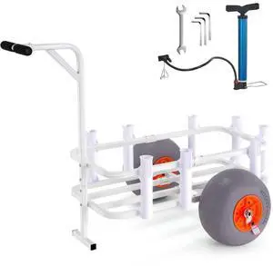 VEVOR Beach Fishing Cart, 300 lbs Load Capacity, Fish and Marine Cart with Two 13" Big Wheels PU Balloon Tires for Sand, Heavy-Duty Aluminum Pier Wagon Trolley with 8 Rod Holders for Fishing, Picnic