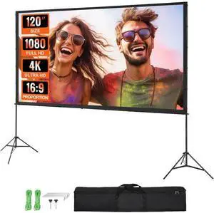 VEVOR Projector Screen with Stand, 120 inch 16:9 4K 1080 HD Outdoor Movie Screen with Stand, Wrinkle-Free Projection Screen with Tripods and Carry Bag, for Home Theater Cinema Backyard Movie Night