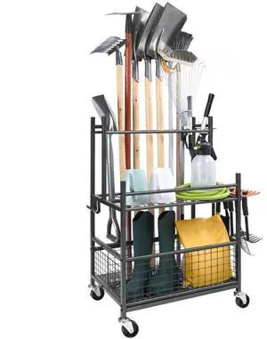 VEVOR Garden Tool Organizer, 16 Slots with Hooks, Yard Tool Tower Rack with Wheels for Garage Organization and Storage, Hold Long-Handled Tool/Rake/Broom, Metal Tool Stand Holder for Shed, Outdoor
