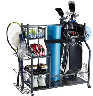 VEVOR Golf Storage Garage Organizer, 2 Golf Bag Stand Holder and Other Sports Equipment Storage Rack, Rolling Ball Cart on Wheels, Outdoor Sport Gear and Toy Storage with Baskets & Hooks, Steel, Black