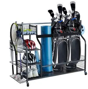 VEVOR Golf Storage Garage Organizer, 3 Golf Bag Stand Holder and Other Sports Equipment Storage Rack, Rolling Ball Cart on Wheels, Outdoor Sport Gear and Toy Storage with Baskets & Hooks, Steel, Black