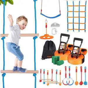 VEVOR Ninja Warrior Obstacle Course for Kids, 2 x 56 ft Weatherproof Slacklines, 500lbs Weight Capacity Monkey Line, Outdoor Playset Equipment, Backyard Toys Training Equipment Set with 12 Obstacles
