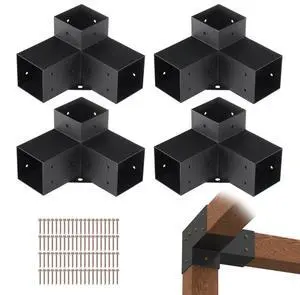VEVOR Pergola Bracket Kit 4''x4'', 4pcs 3-Way Heavy Duty Corner Bracket Woodworks DIY Post Base Kit, Easy Installation Wooden Beams for Gazebos, Patio Pergolas, Log Cabin Outdoor Pergola Hardware
