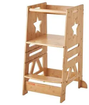 VEVOR Tower Step Stool, 3-Level Height Adjustable Toddler Step Stools for Kids, Bamboo Kids Standing Tower Learning Stool with Safety Rail for Kitchen Counter Bathroom, 350LBS