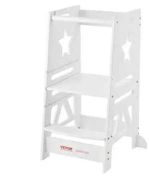 VEVOR Tower Step Stool, 3-Level Height Adjustable Toddler Step Stools for Kids, Kitchen Stool Bamboo Standing Tower Learning Stool with Safety Rail for Kitchen Counter Bathroom, 350LBS, White