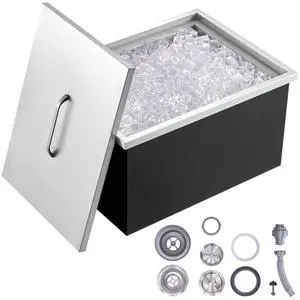 VEVOR Drop in Ice Chest, 20"L x 14"W x 12"H Stainless Steel Ice Cooler, Commercial Ice Bin with Cover, 40 qt Outdoor Kitchen Ice Bar, Drain-pipe and Drain Plug Included, for Cold Wine Beer