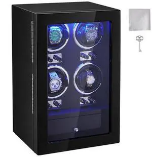 VEVOR Watch Winder, Watch Winder for 4 Men's and Women's Automatic Watches, with 4 Super Quiet Japanese Mabuchi Motors, Blue LED Light and Adapter, High-Density Board Shell and Black PU